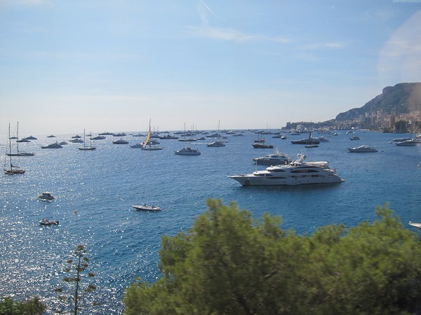 Boats on anchor in the harbor during Monaco Yacht Show