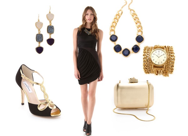 christmas party set with black cocktail dress and gold clutch