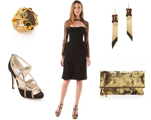 christmas party black cocktail dress with golden clutch and pumps