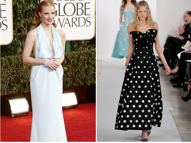 jessica chastain in Calvin Klein Collection dress on golden globes 2013 red carpet