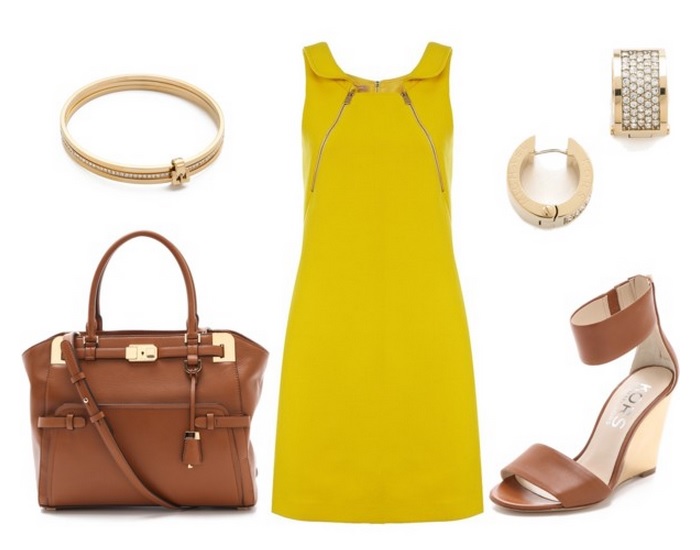 yellow dress and brown handbag and jewelry by michael kors