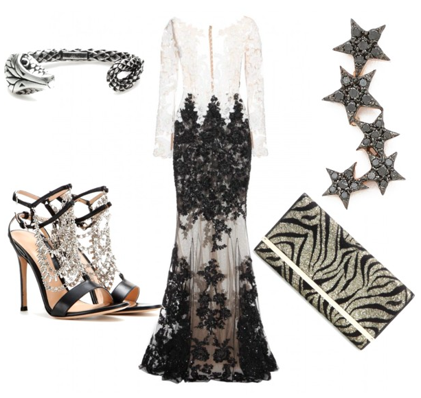 Black and white evening gown for a glamorous wedding guest