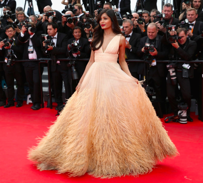 Freida Pinto in cream coloured feathered Michael Kors gown in Cannes 2014
