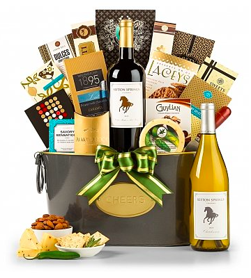 Holiday gift basket which includes Sefton Springs Cellar Master's Red, Sefton Springs California Chardonnay