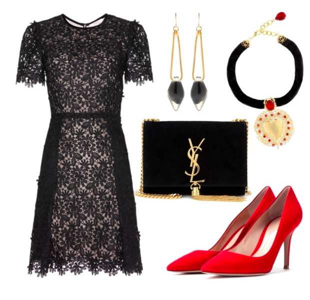 Black Lace dress with red pumps outfit idea for Holiday season parties