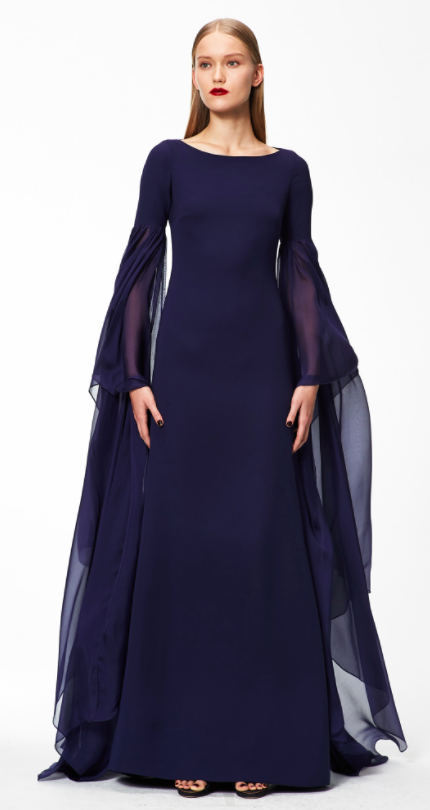 Monique Lhuillier dark blue dress with long sleeves for Rosamund Pike